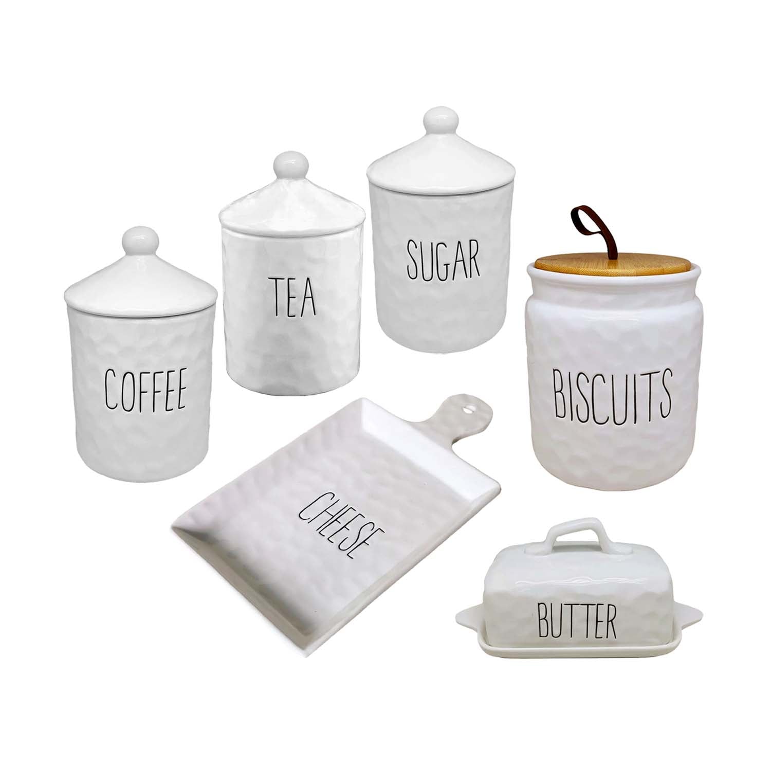 6pc White Ceramic Canisters Butter Dish Cheese Platter Set