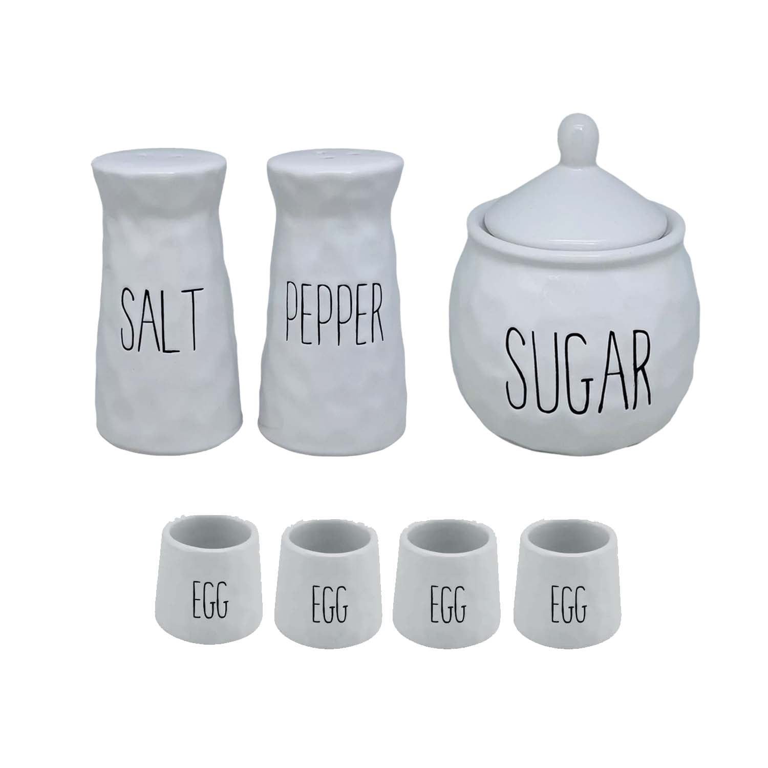 White Ceramic Salt Pepper Shakers Sugar Bowl Egg Cups Set