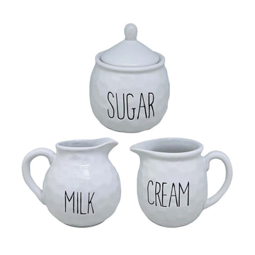 3pc White Ceramic Sugar Bowl Cream & Milk Jugs Set