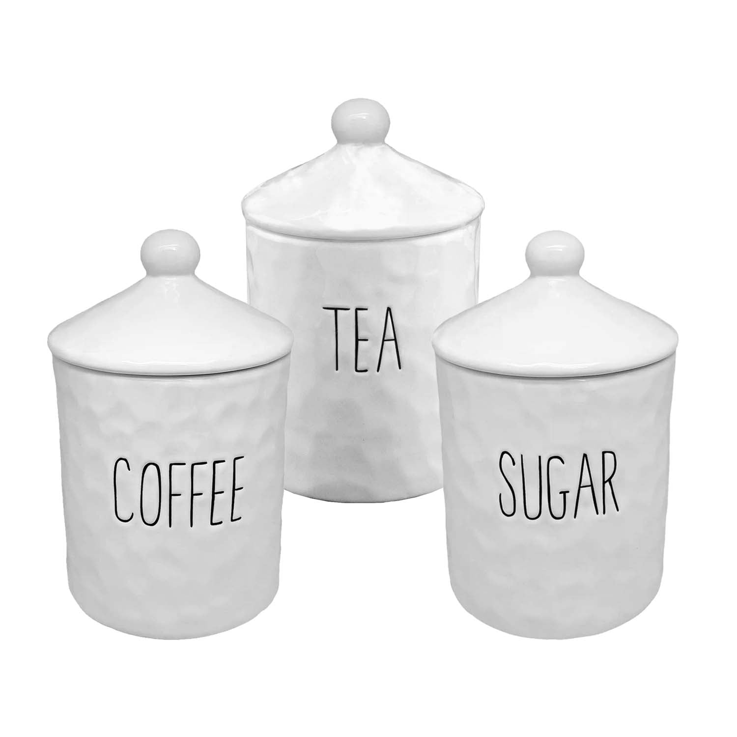 Set of 3 700ml Coffee Tea & Sugar Ceramic White Glaze Dimples Canisters