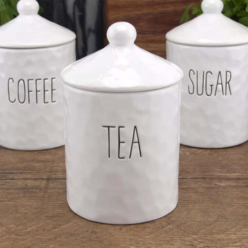 Set of 3 700ml Coffee Tea & Sugar Ceramic White Glaze Dimples Canisters