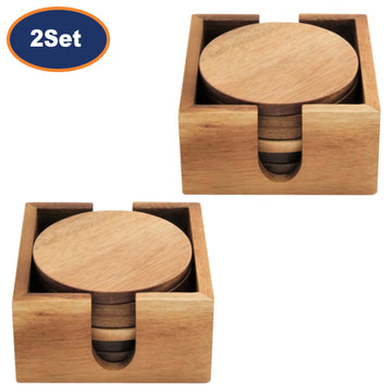 12Pcs Acacia Wood Round Coaster Set with Square Holders