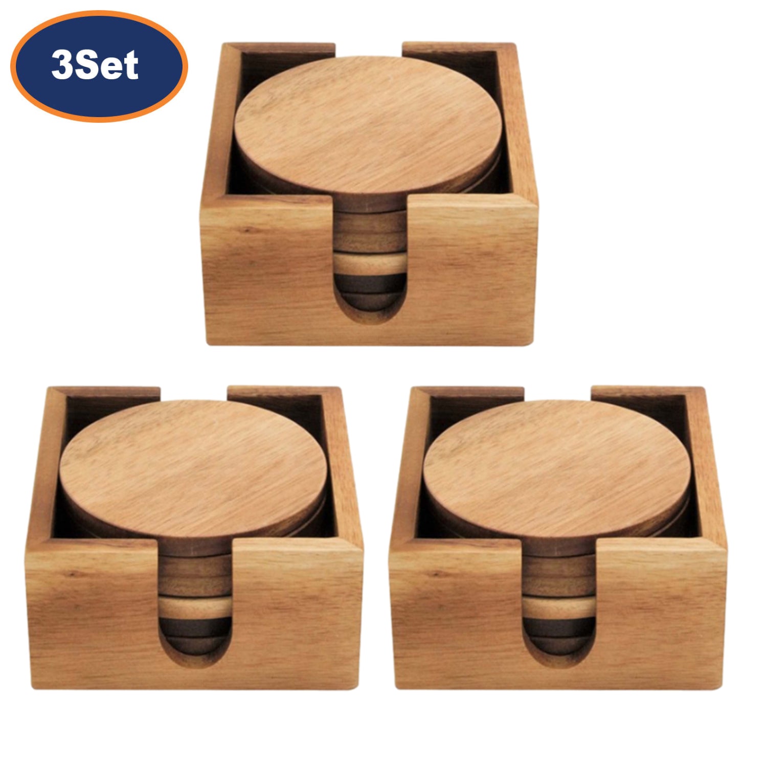 18Pcs Acacia Wood Round Coaster Set with Square Holders