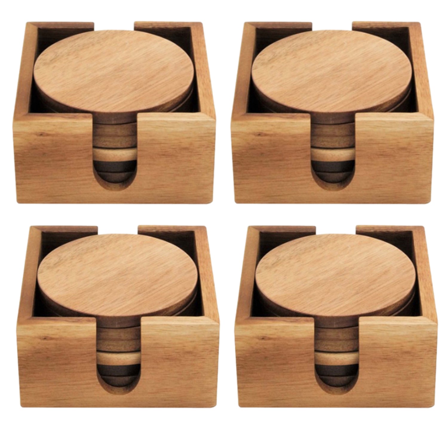 24Pcs Acacia Wood Round Coaster Set with Square Holders