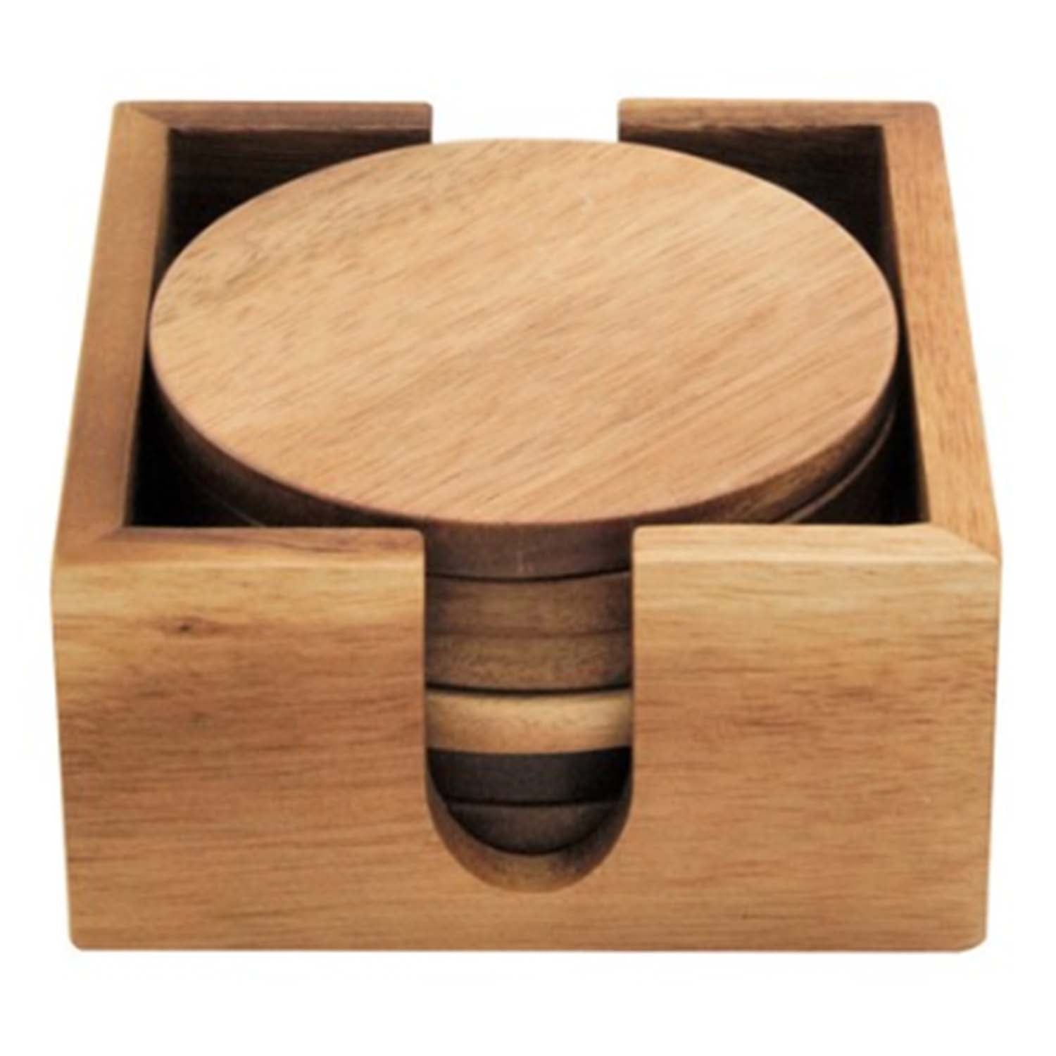 6pc Acacia Wood Round Coaster Set with Square Holder