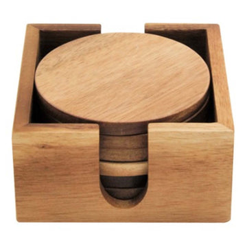 18Pcs Acacia Wood Round Coaster Set with Square Holders