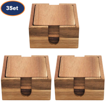 18Pcs Acacia Wood Square Coaster Set with Square Holders
