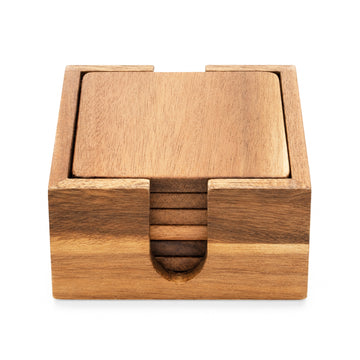 6pc Acacia Wood Square Coaster Set with Square Holder
