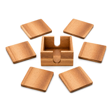 6pc Acacia Wood Square Coaster Set with Square Holder