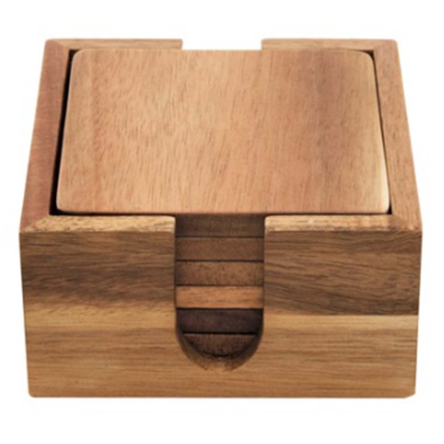 6pc Acacia Wood Square Coaster Set with Square Holder