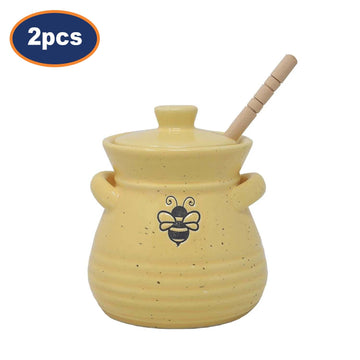 2Pcs 350ml Ceramic Honey Pot with Wooden Dipper