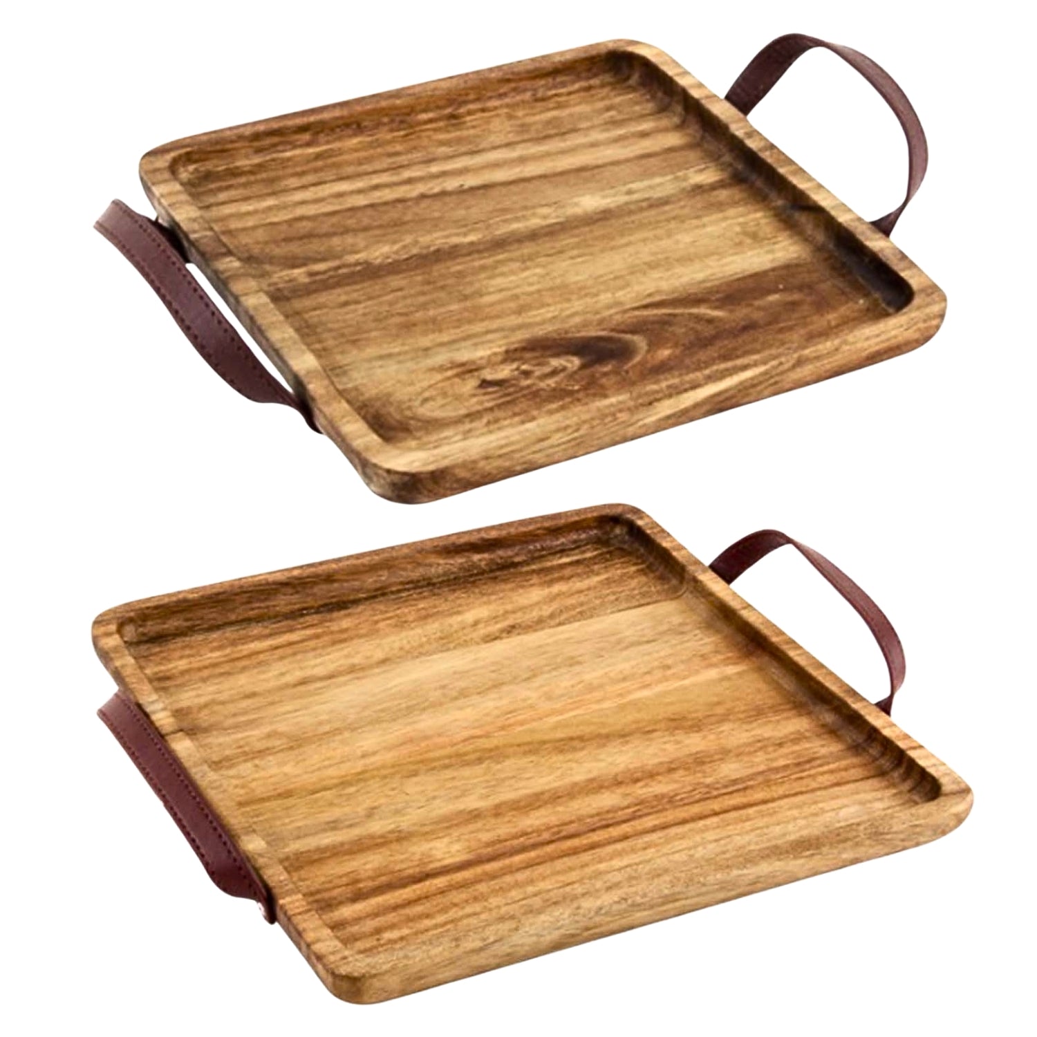 20.5cm & 25.5cm Acacia Wood Square Tray with Handle Set