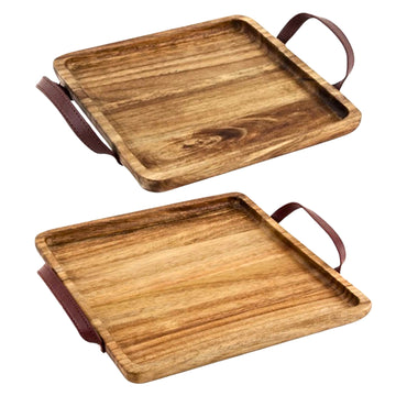 20.5cm & 25.5cm Acacia Wood Square Tray with Handle Set