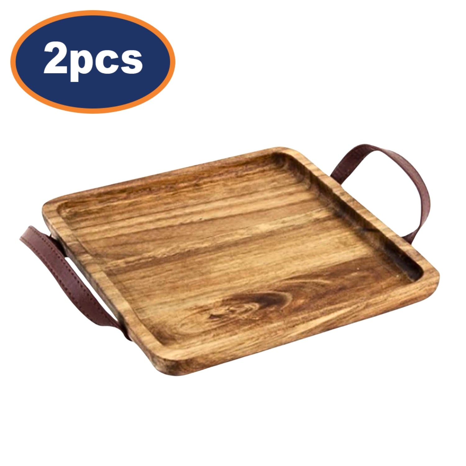 2Pcs 20.5cm Acacia Wood Square Tray with Handle
