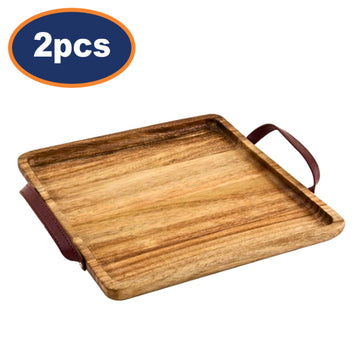 2Pcs 25.5cm Acacia Wood Square Tray with Handle