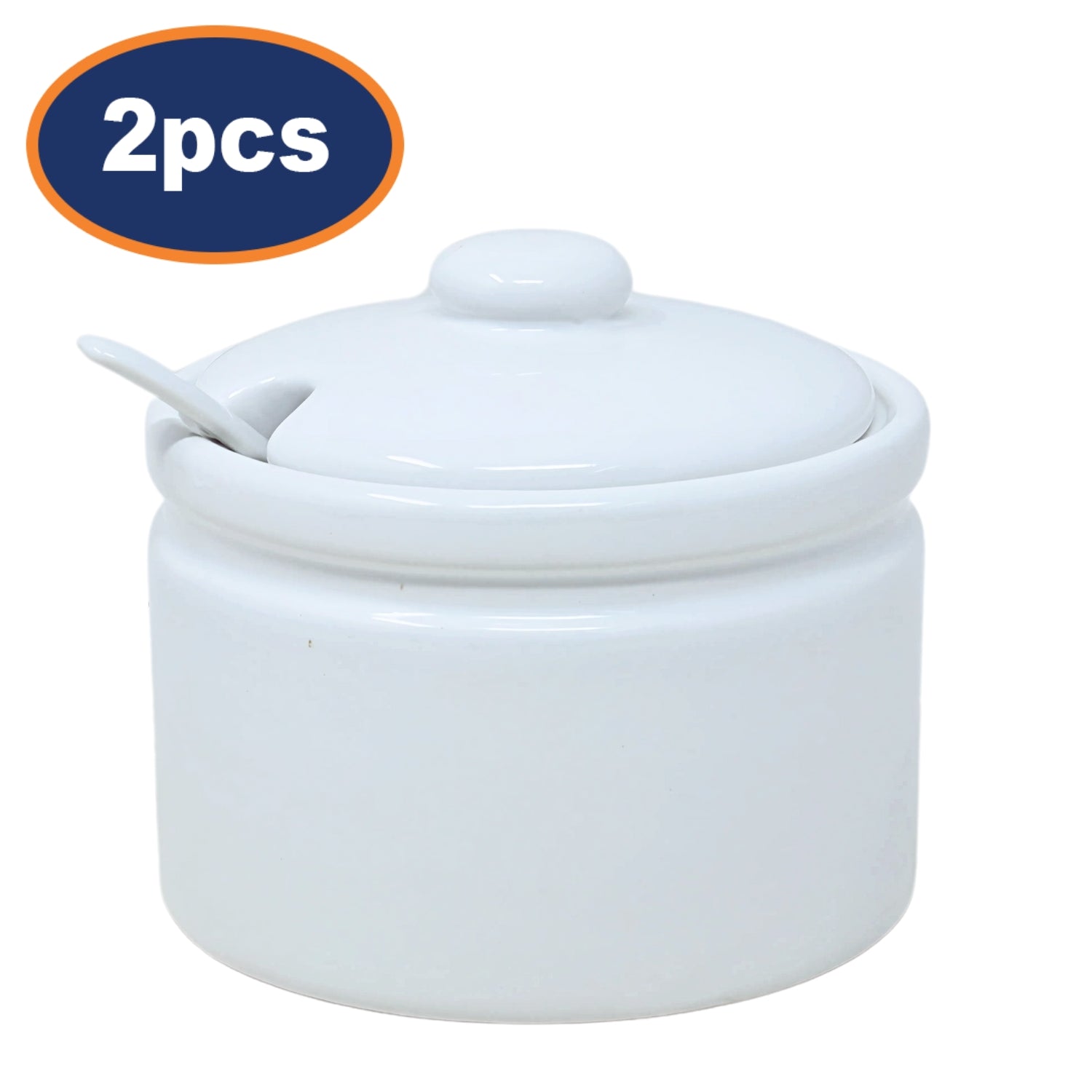 2Pcs Ceramic White Round 400ml Jam Pot With Lid & Spoon