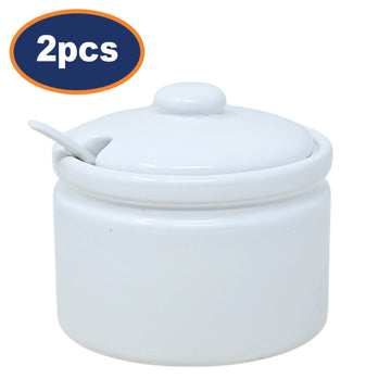 2Pcs Ceramic White Round 400ml Jam Pot With Lid & Spoon