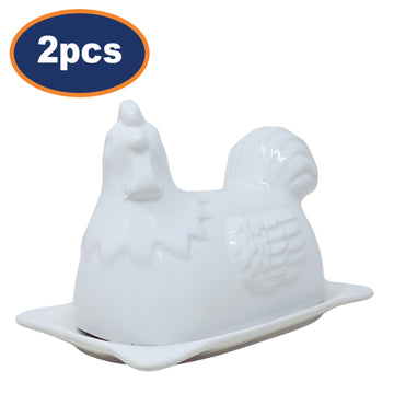 2Pcs Hen Design Novelty Porcelain White Butter Dish