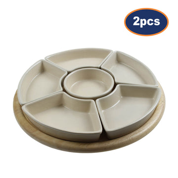 2Pcs Rubber Wood Lazy Susan Ceramic Dishes Dip Server