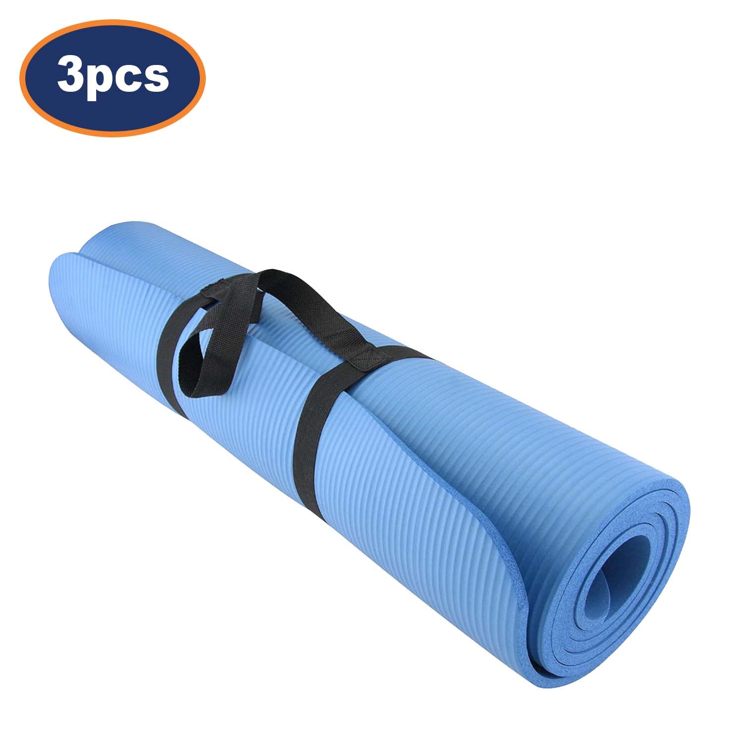 3Pcs Non Slip Yoga Mat Blue 10mm 184cm x 62cm With Carry Straps