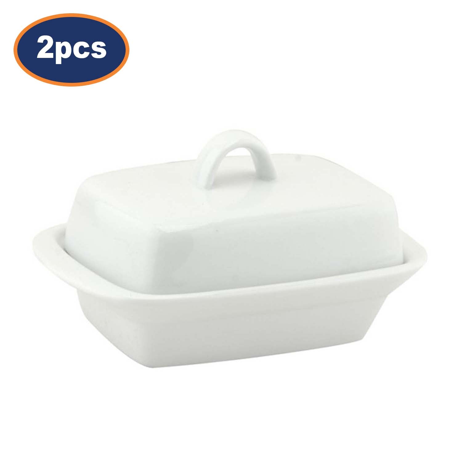 2Pcs White Ceramic Deep Butter Dish With Lid