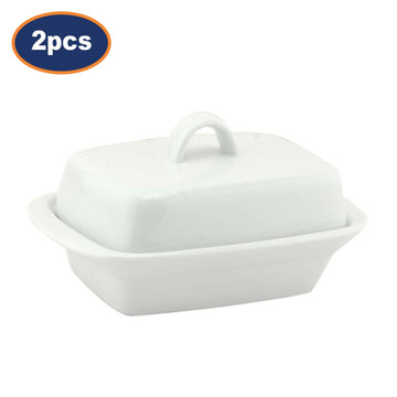 2Pcs White Ceramic Deep Butter Dish With Lid