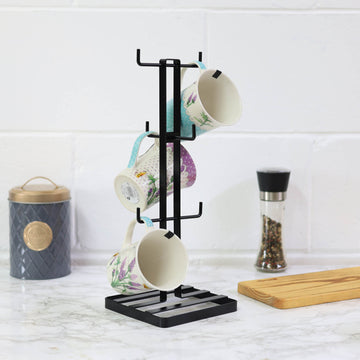 Black Flat Iron 6 Cups Free Standing Mug Tree
