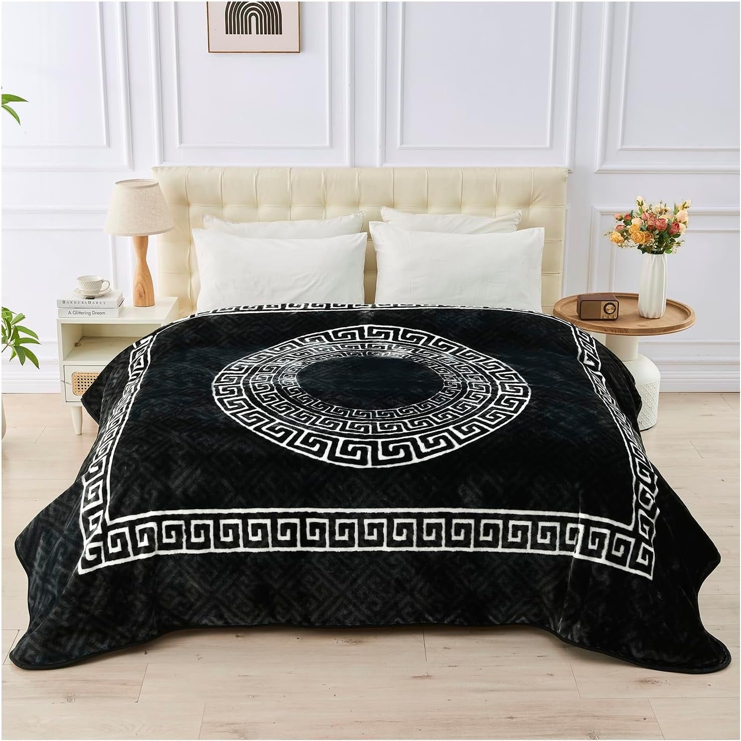 Greek Keys Mink Sofa Bed Throw, 200x240cm - Black