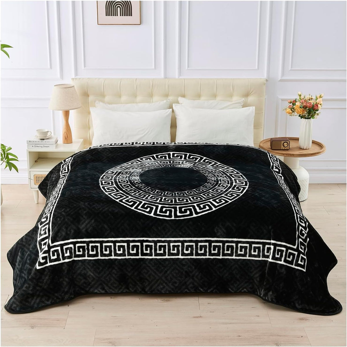 Greek Keys Mink Sofa Bed Throw, 200x240cm - Black