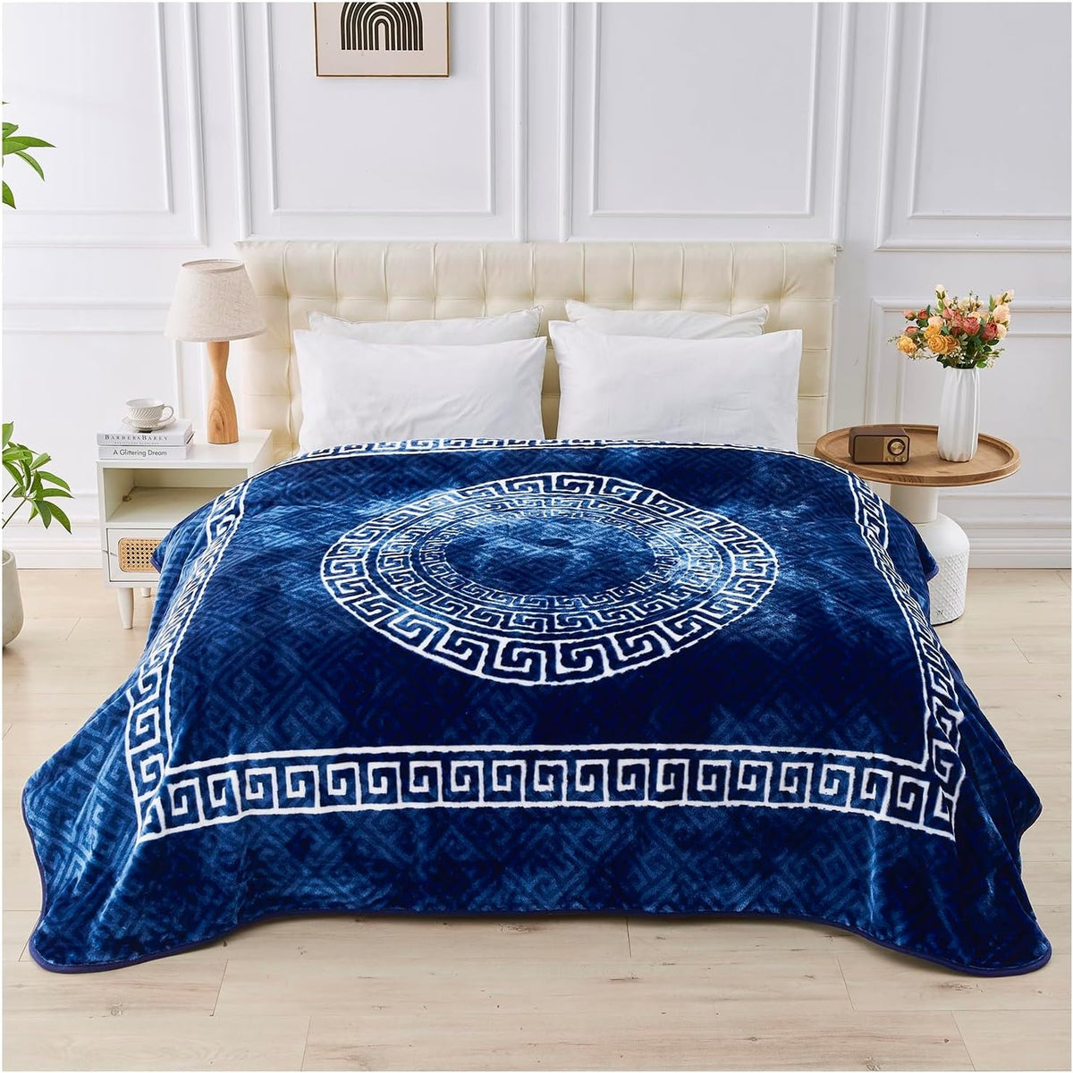 Greek Keys Mink Sofa Bed Throw, 150x200cm - Navy Blue