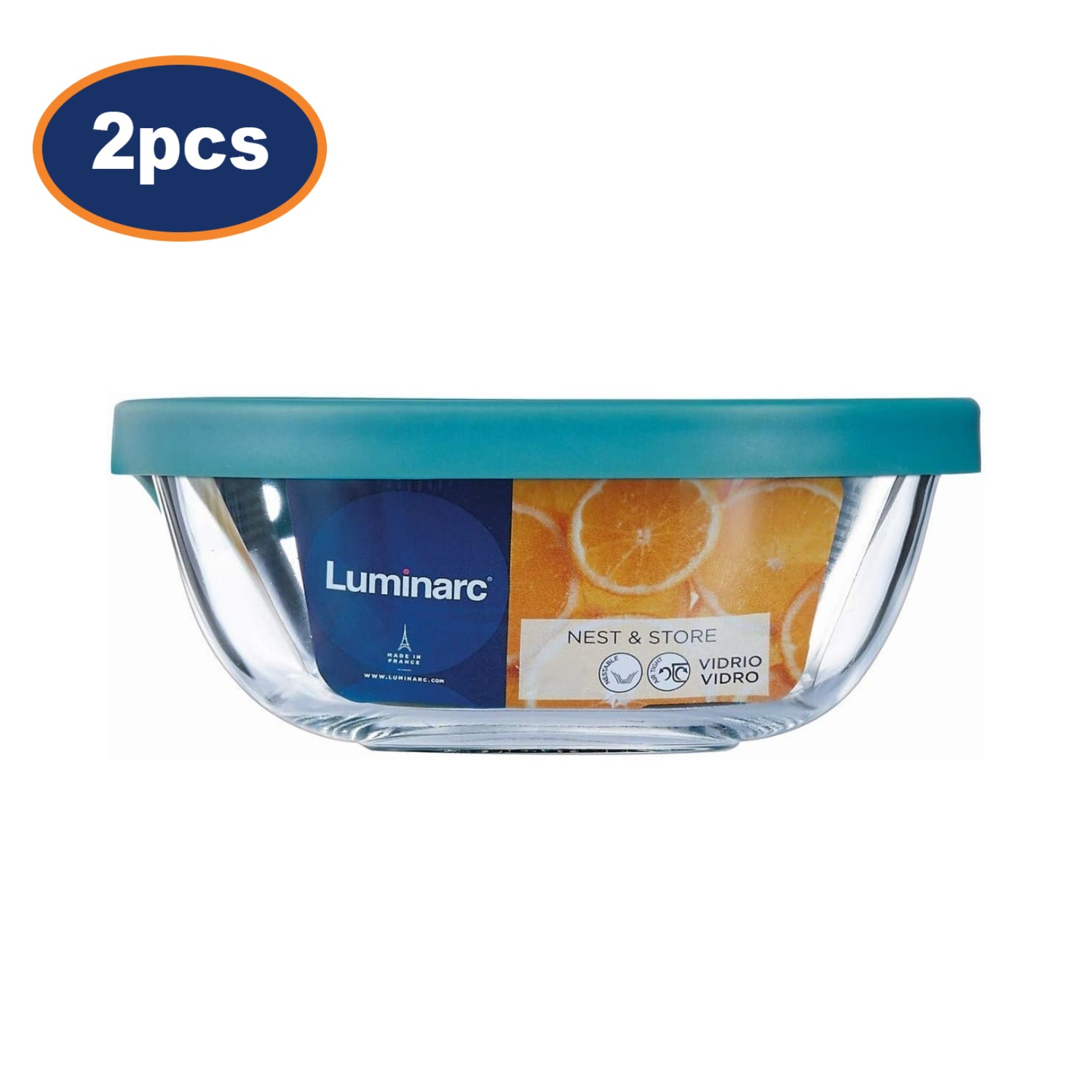 2Pcs Luminarc 2.2L Tempered Glass Teal Clear Food Storage Container with Snap Lid