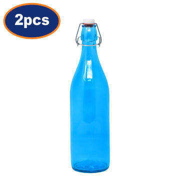 2Pcs 1L Blue Glass Water Bottle With Airtight Clip-Top Cap