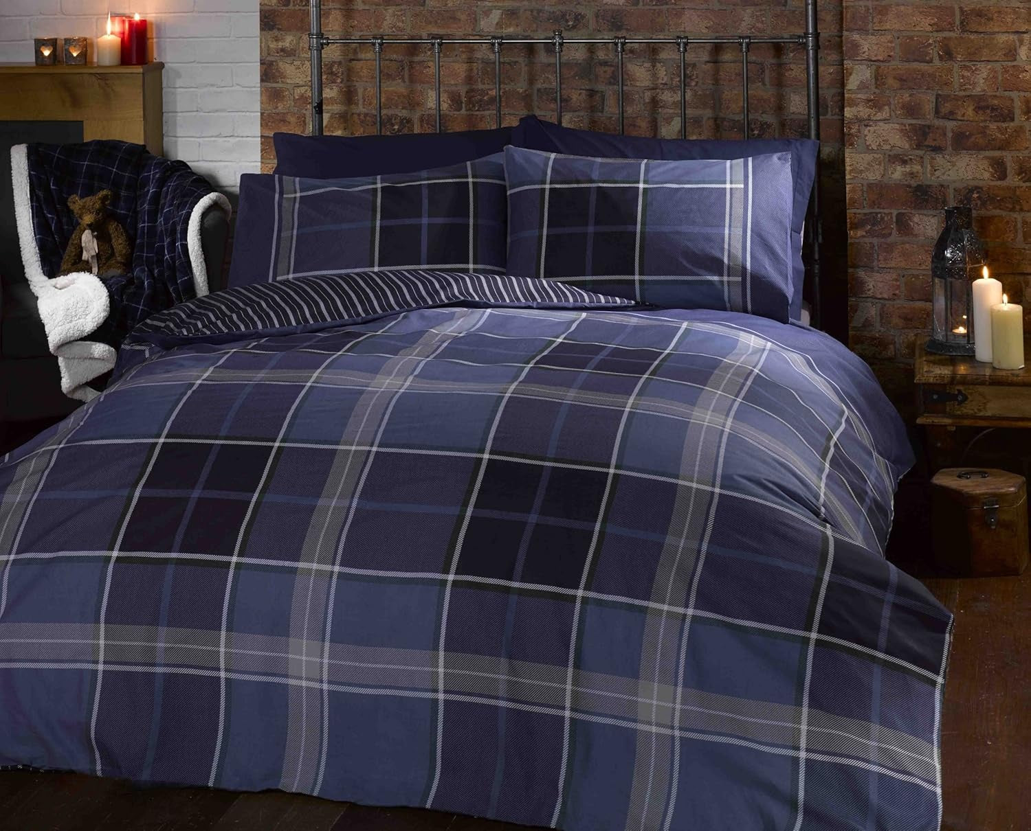 Argyle Tartan Check Stripe Duvet Cover Set, King, Blue