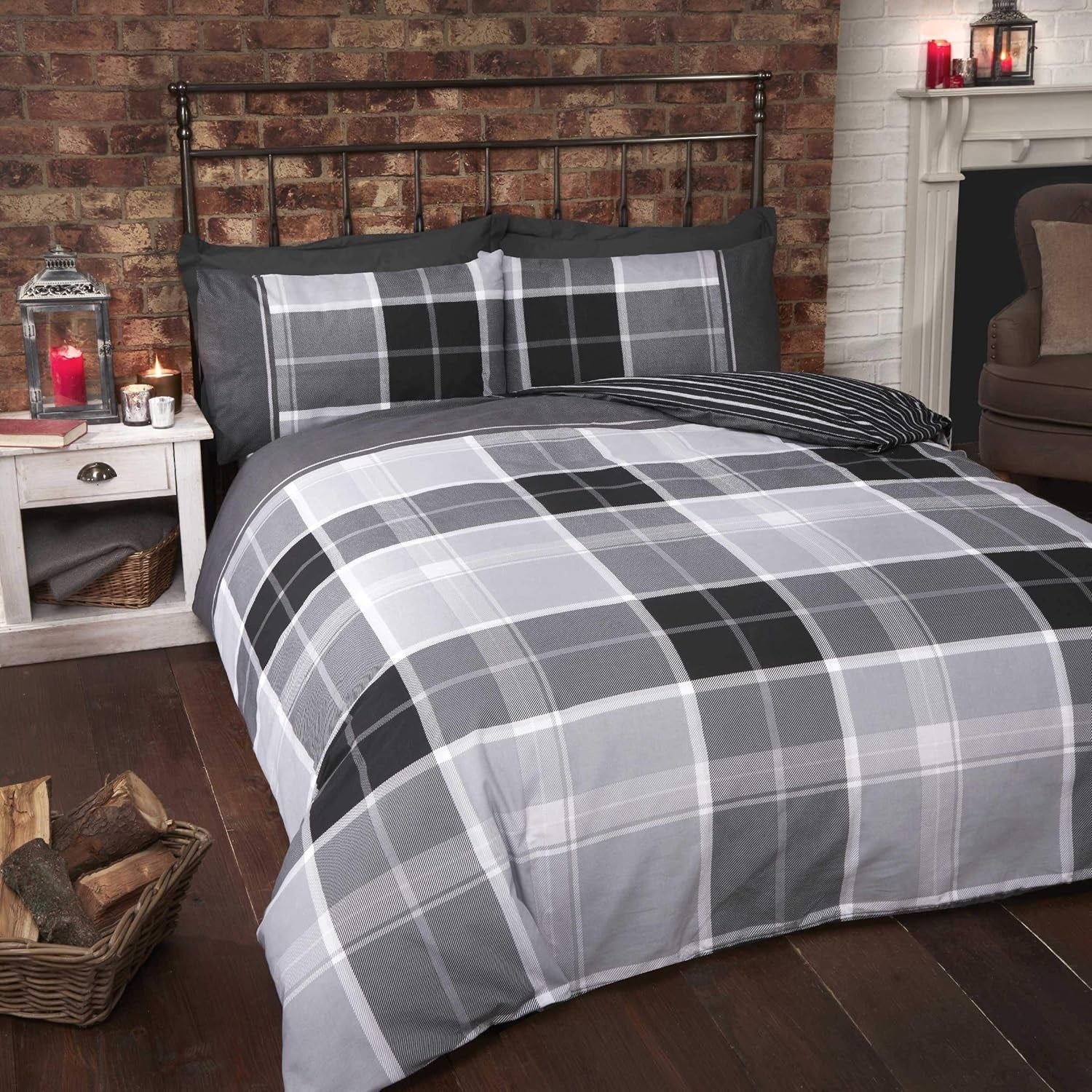 Argyle Tartan Check Stripe Duvet Cover Set, Double, Grey & Black