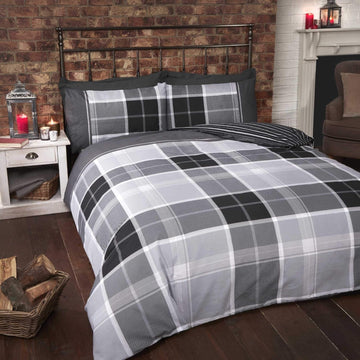 Argyle Tartan Check Stripe Duvet Cover Set, Double, Grey & Black