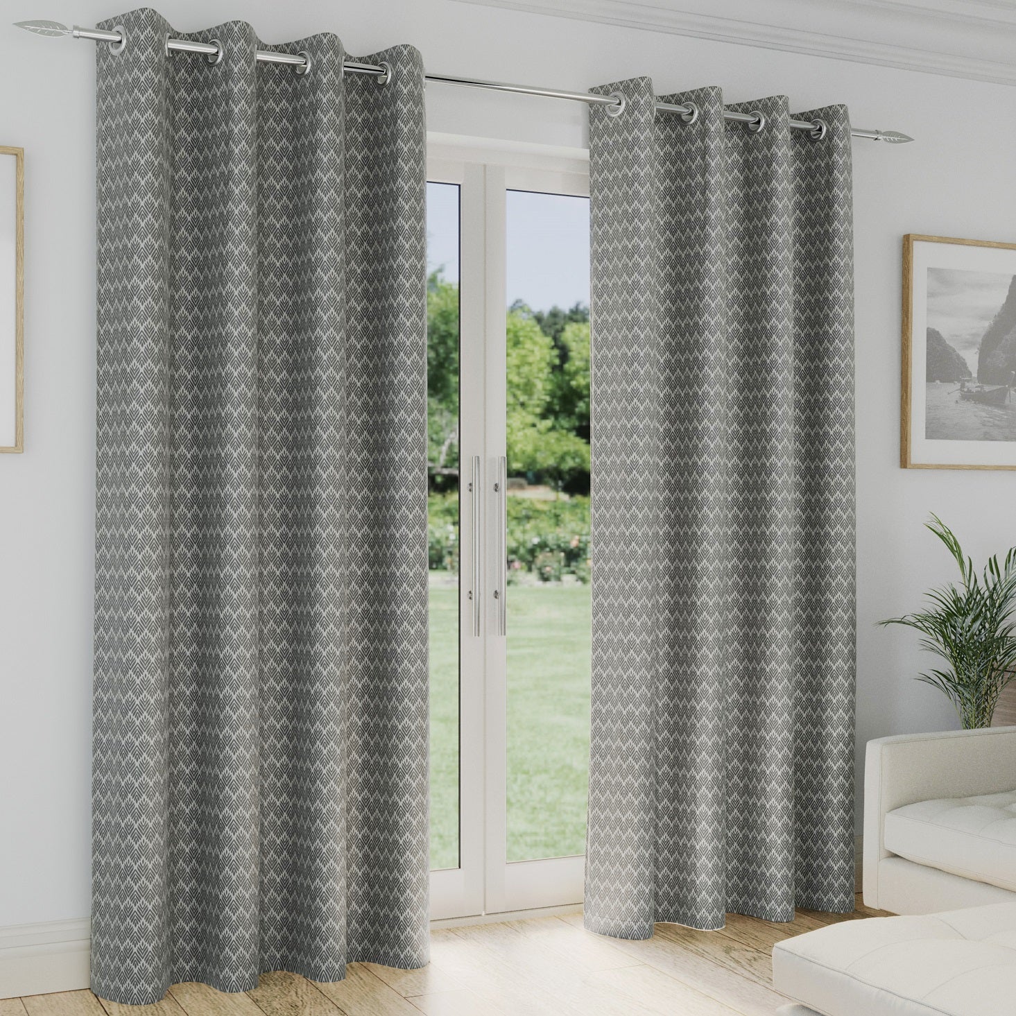 Leaf Blockout Lined Eyelet Ring Top Curtains 66" x 54" - Aspen Silver Grey