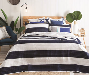Quilted Bedspread With Pillow Shams, 220x245cm, Navy Blue & White