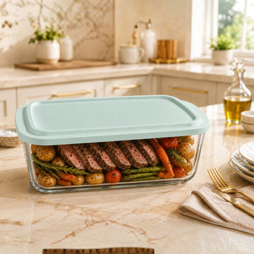 Glass Baking Dish with Green Lid 2.2L Rectangular Food Storage
