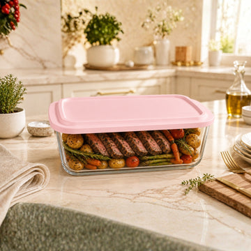 Glass Baking Dish with Pink Lid 2.2L Rectangular Food Storage