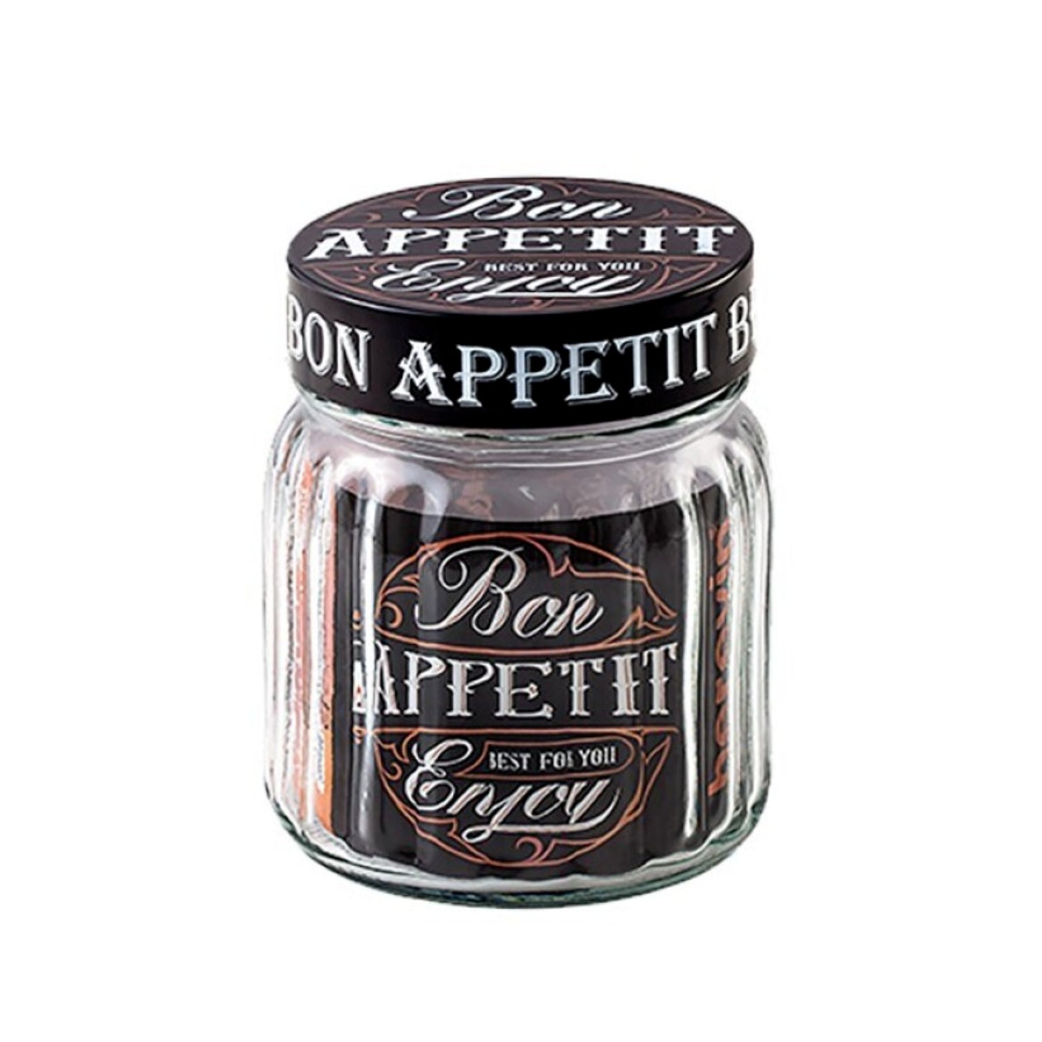 1L Ribbed Glass Storage Jar with Black Bon Appetit Lid