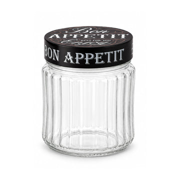 1L Ribbed Glass Storage Jar with Black Bon Appetit Lid