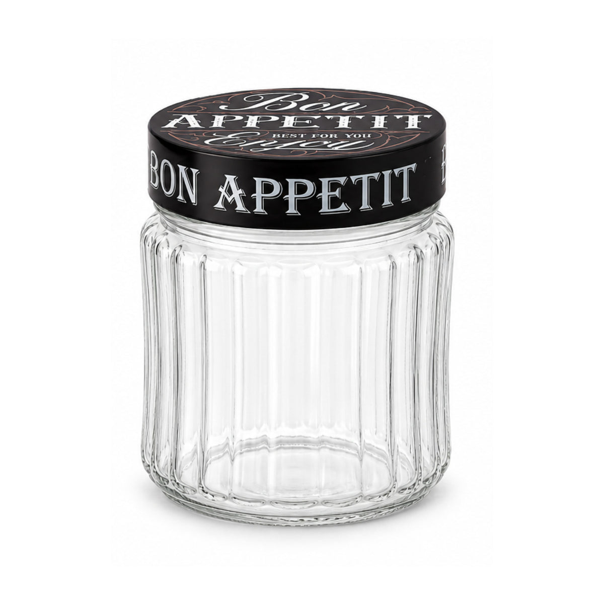 1L Ribbed Glass Storage Jar with Black Bon Appetit Lid