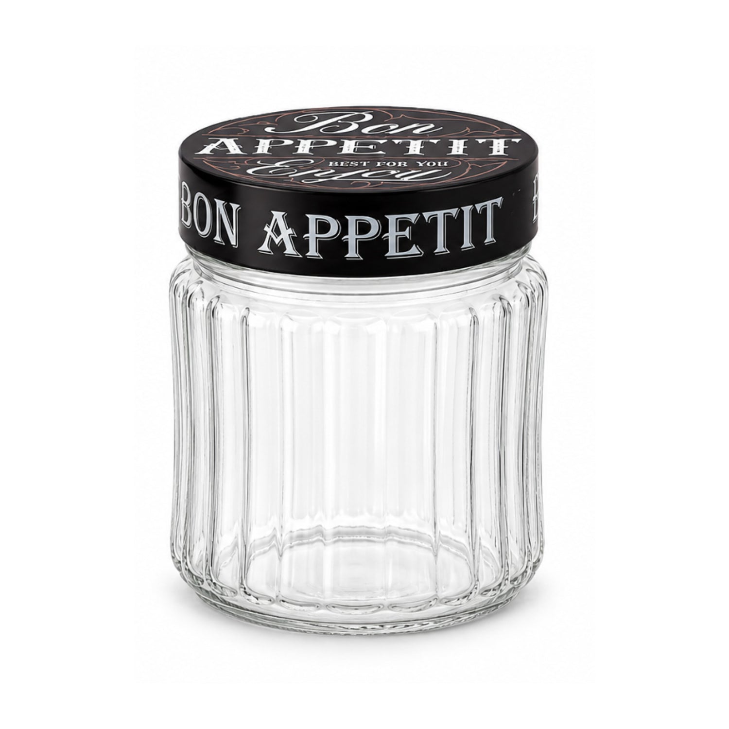 1L Ribbed Glass Storage Jar with Black Bon Appetit Lid
