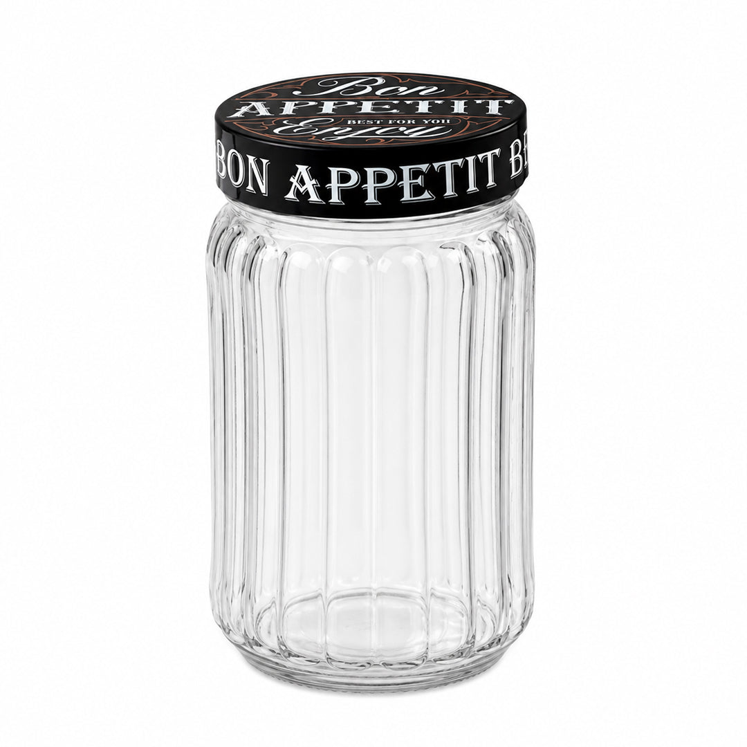 1.25L Ribbed Glass Storage Jar with Black Bon Appetit Lid