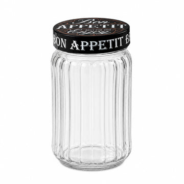 1.25L Ribbed Glass Storage Jar with Black Bon Appetit Lid
