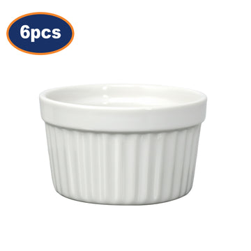 6Pcs White Ramekin Bowl Porcelain Fluted Souffle Dish