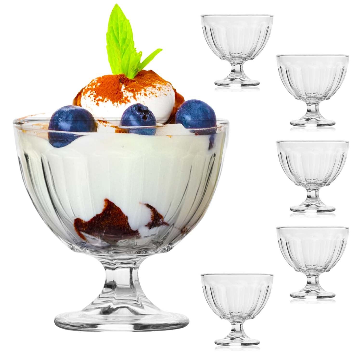 6Pcs 400ml Clear Fluted Glass Ice Cream Cups