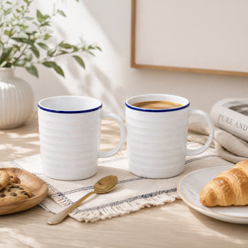 2Pcs 300ml White Stoneware Blue Rim Mug Set