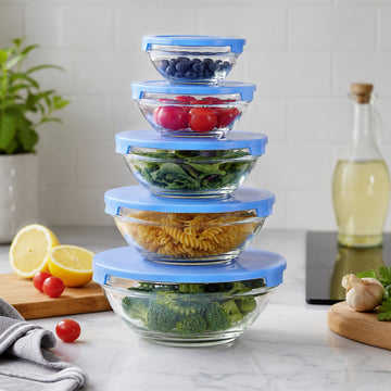 Glass Bowls Set 5-Piece with Blue Lids