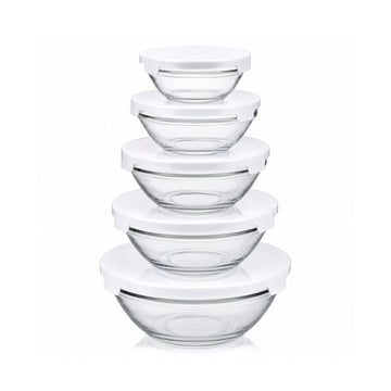 5-Piece White Lid Glass Bowl Container Set